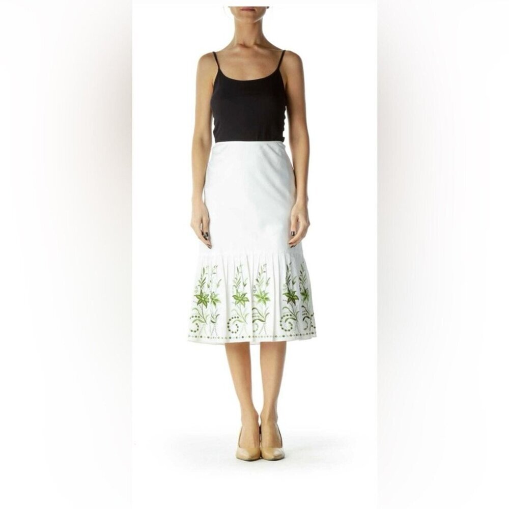 Ann Taylor White & Green Embroidered A-Line Fit and Flare Skirt Size 6